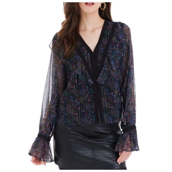 Allison NY Mason Mayes Jules Ruffle Laced Metallic Blouse Paisley Blooms Size XS - Picture 1 of 11